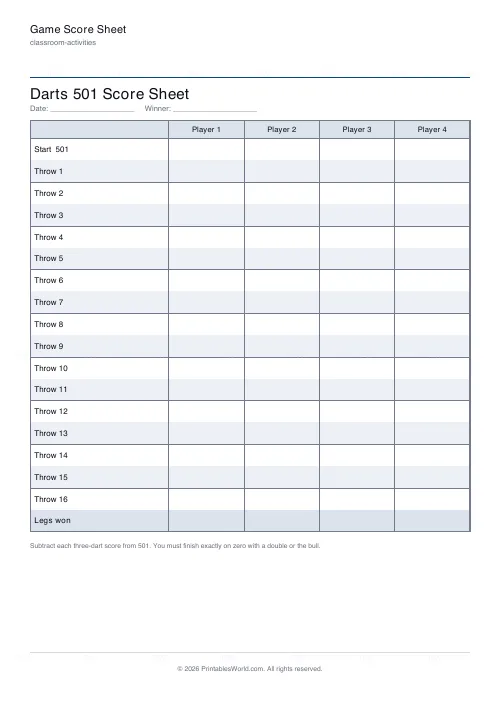 Free printable game score sheet (Darts 501), PDF download