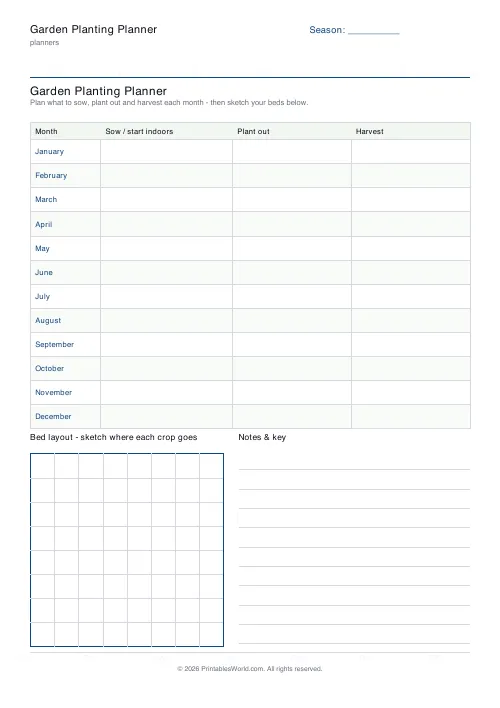 Free printable garden planting planner — 8×8 bed grid — PDF download