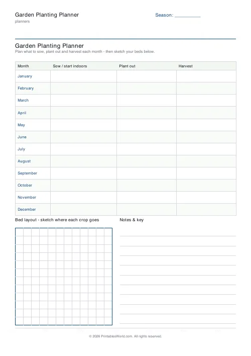 Free printable garden planting planner — 12×12 bed grid — PDF download