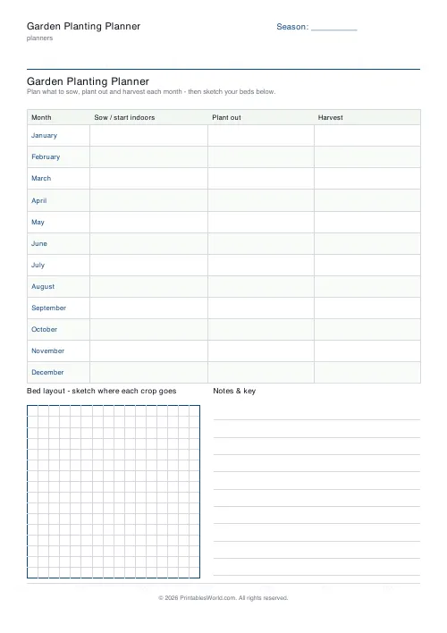 Free printable garden planting planner — 16×16 bed grid — PDF download