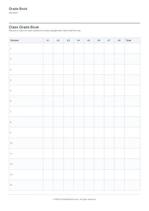 Free printable grade book — 14 students — PDF download