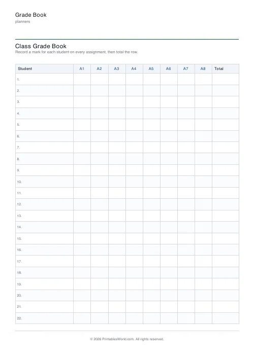 Free printable grade book — 22 students — PDF download