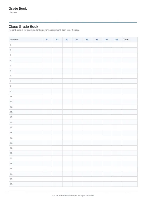 Free printable grade book — 28 students — PDF download