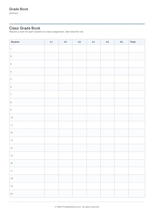 Free printable grade book — 6 assignments — PDF download