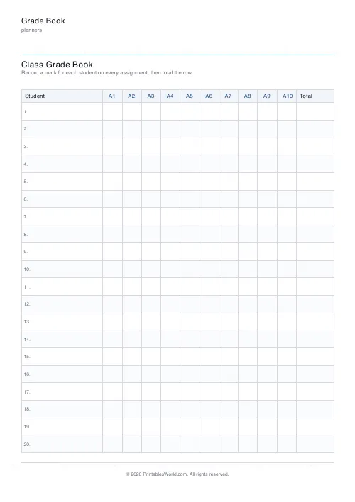 Free printable grade book — 10 assignments — PDF download