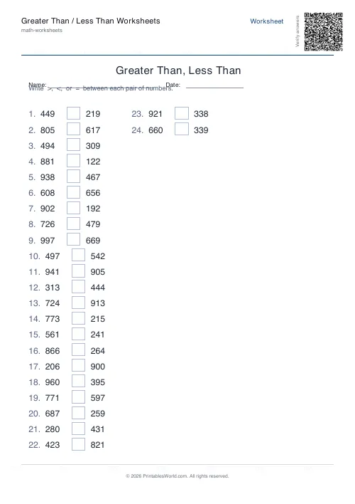 Free printable greater than / less than worksheet — 3-digit — PDF download