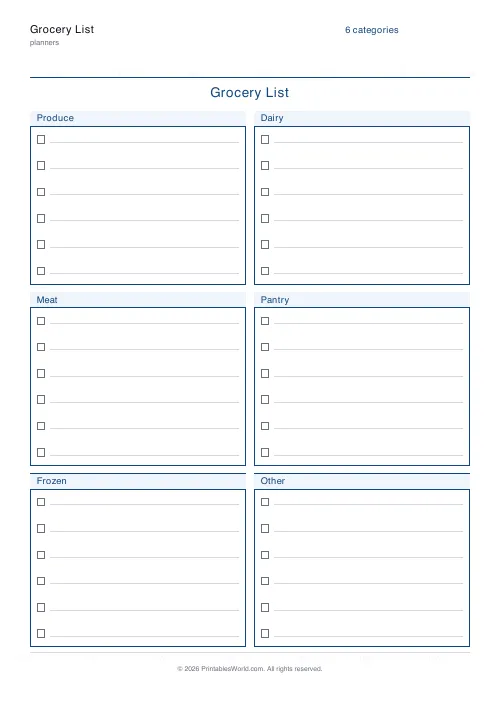 Free printable grocery list — 6 per category — PDF download