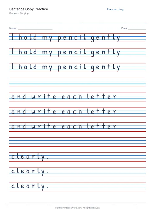 Free printable handwriting practice — Blank (copy only) — PDF download