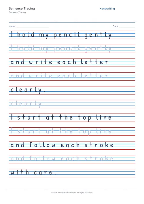 Free printable handwriting practice — No boxes — PDF download
