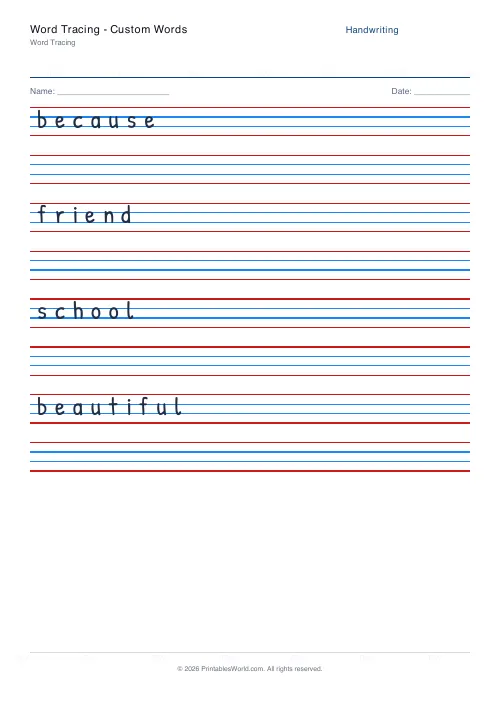 Free printable handwriting practice — Blank (copy only) — PDF download