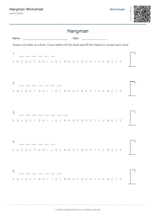Free printable hangman game worksheet — 6 words — PDF download