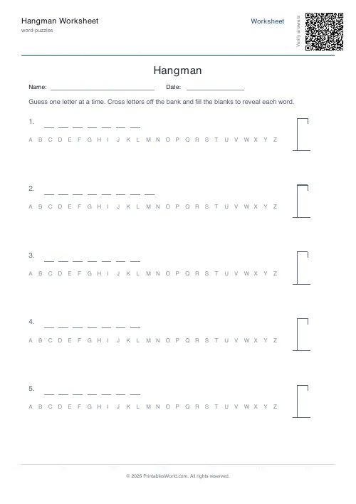 Free printable hangman game worksheet — 6 words, with answer key — PDF download