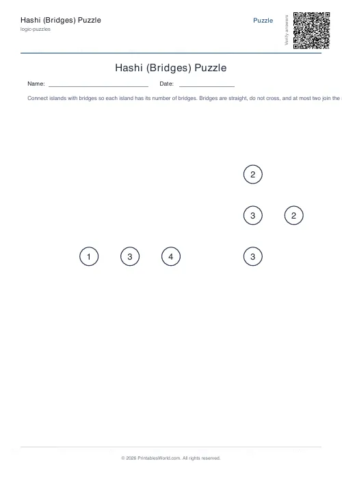 Free printable hashi bridges puzzle — Easy — PDF download