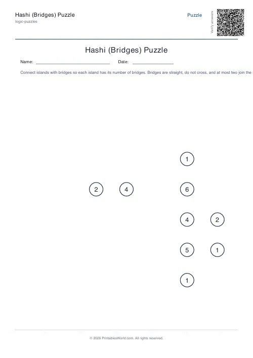 Free printable hashi bridges puzzle — 7x7, with answer key — PDF download
