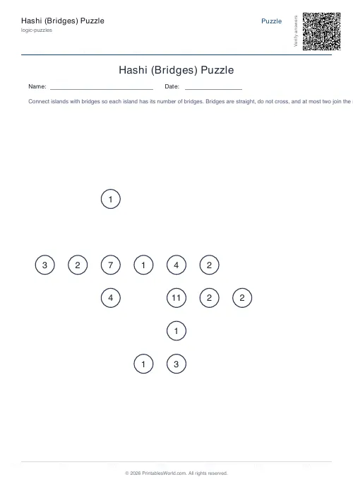 Free printable hashi bridges puzzle — 9x9, with answer key — PDF download