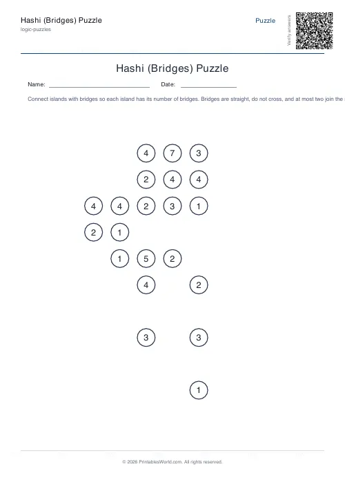 Free printable hashi bridges puzzle — 11x11, with answer key — PDF download