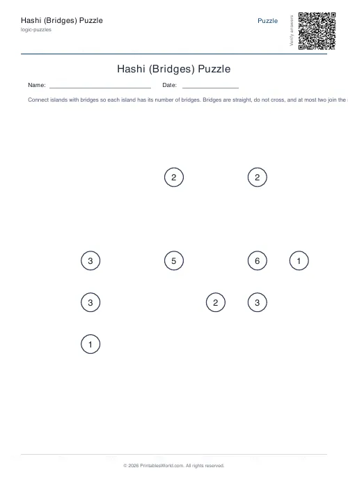 Free printable hashi bridges puzzle — Hard — PDF download