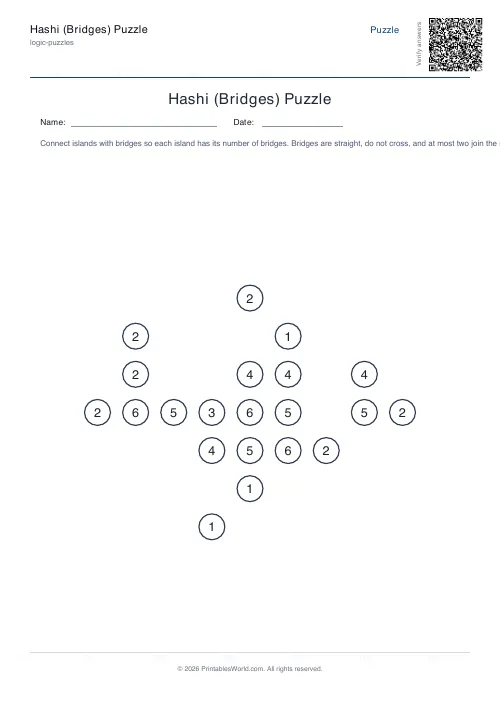 Free printable hashi bridges puzzle — 11x11 — PDF download