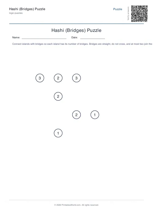 Free printable hashi bridges puzzle — Easy, with answer key — PDF download