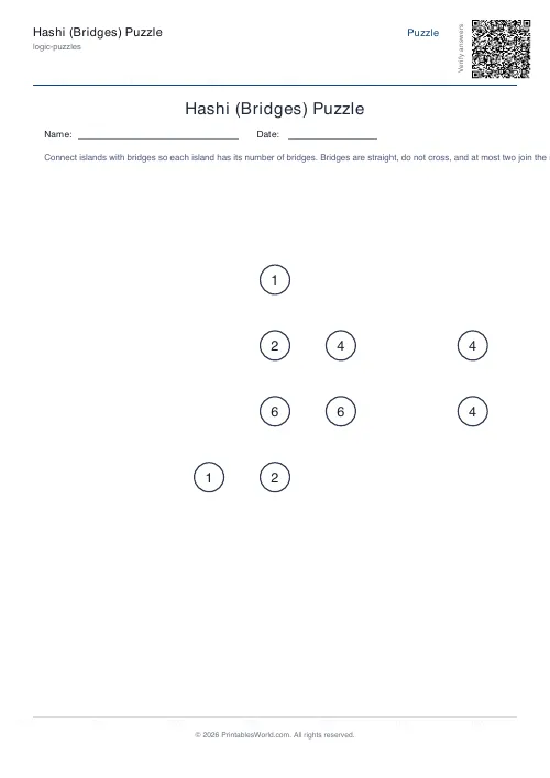 Free printable hashi bridges puzzle — Medium, with answer key — PDF download