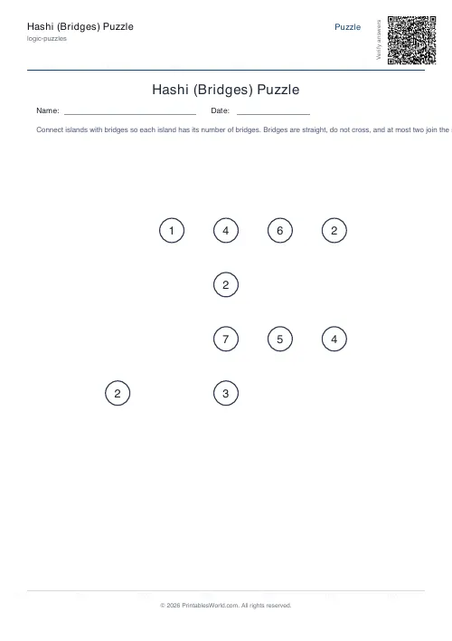 Free printable hashi bridges puzzle — Hard, with answer key — PDF download
