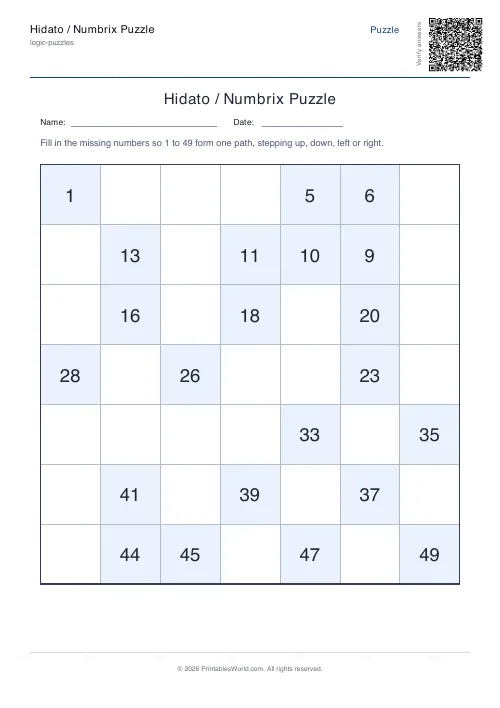 Free printable hidato puzzle — Easy — PDF download