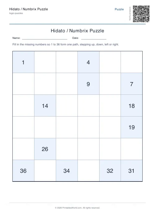 Free printable hidato puzzle — 6x6, with answer key — PDF download