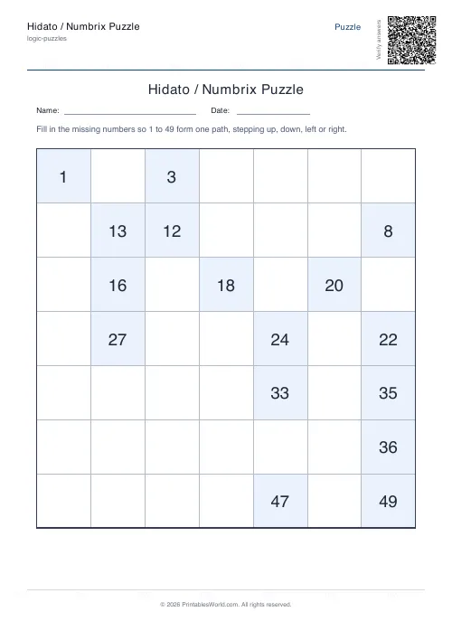 Free printable hidato puzzle — 7x7, with answer key — PDF download