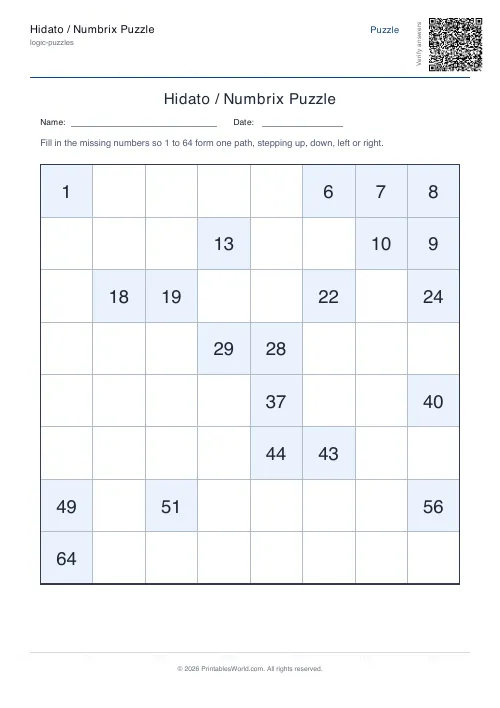 Free printable hidato puzzle — 8x8, with answer key — PDF download