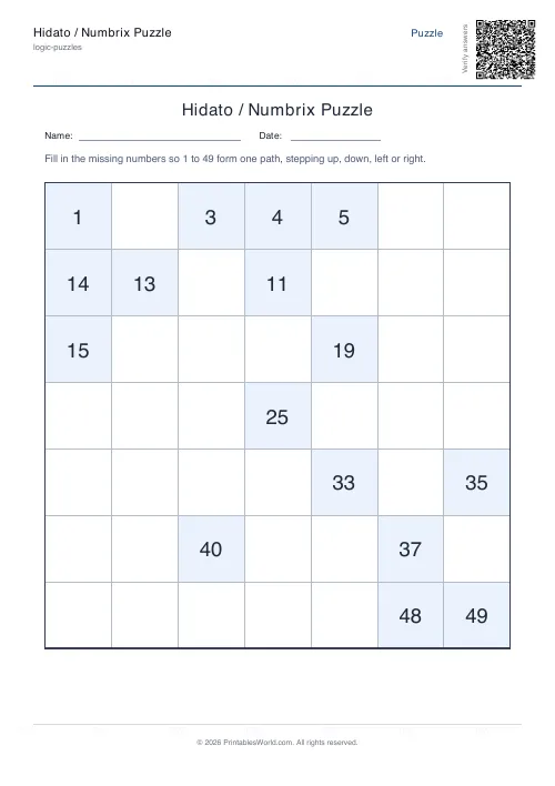 Free printable hidato puzzle — Medium — PDF download