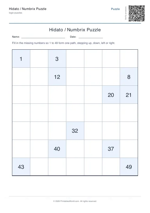 Free printable hidato puzzle — Hard — PDF download