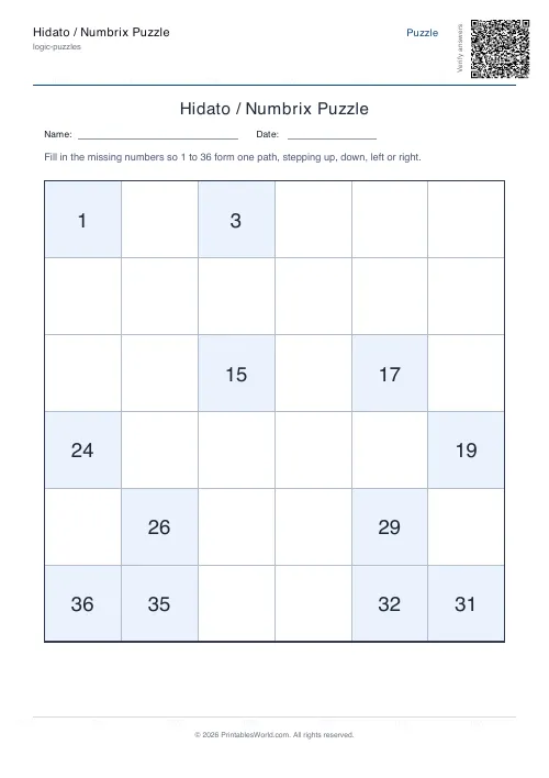 Free printable hidato puzzle — 6x6 — PDF download