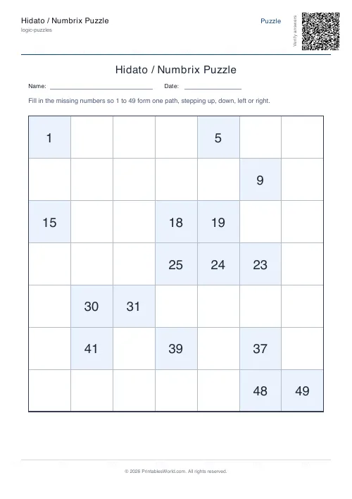 Free printable hidato puzzle — 7x7 — PDF download