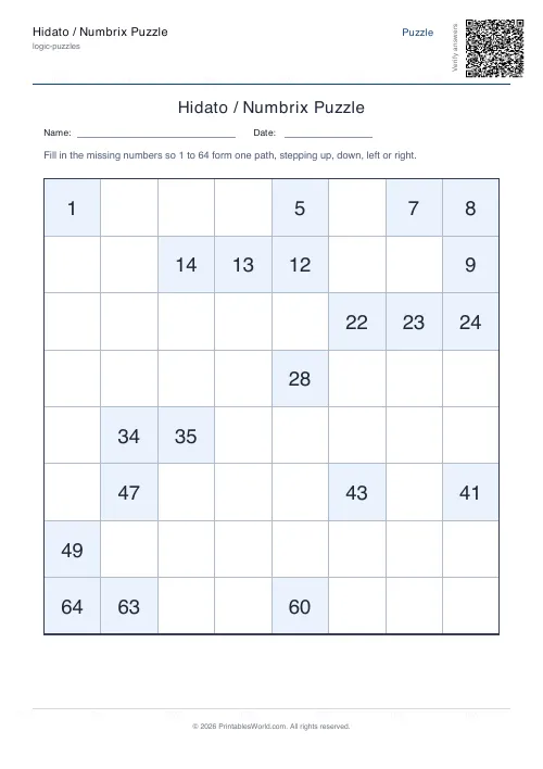 Free printable hidato puzzle — 8x8 — PDF download