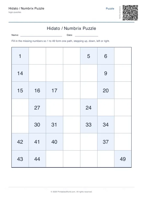 Free printable hidato puzzle — Easy, with answer key — PDF download