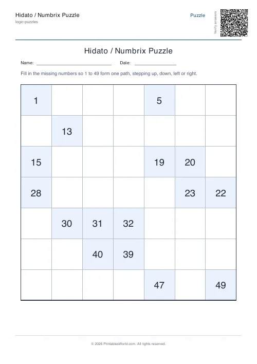 Free printable hidato puzzle — Medium, with answer key — PDF download