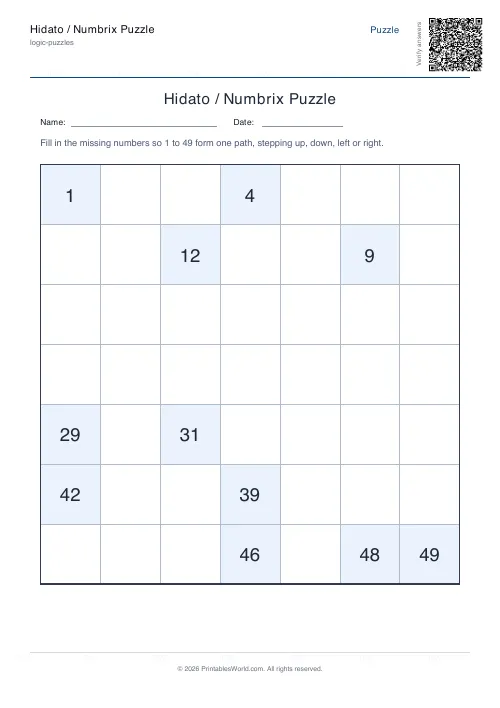 Free printable hidato puzzle — Hard, with answer key — PDF download