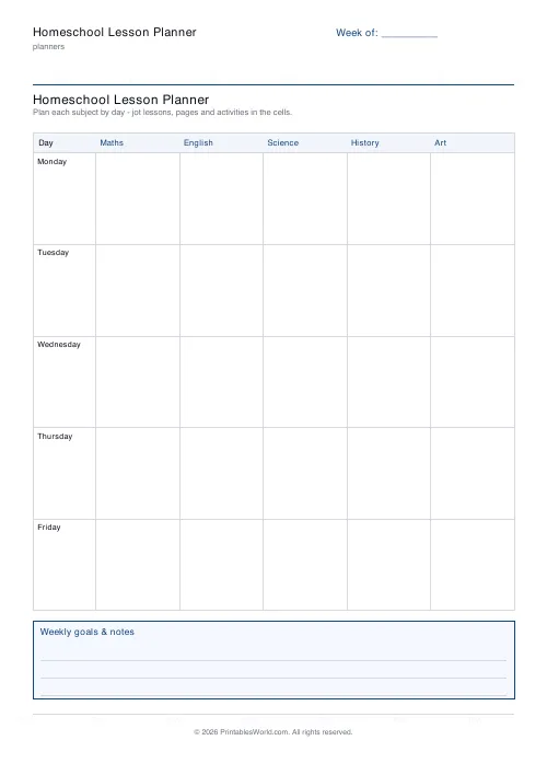 Free printable homeschool lesson planner — 5 days — PDF download