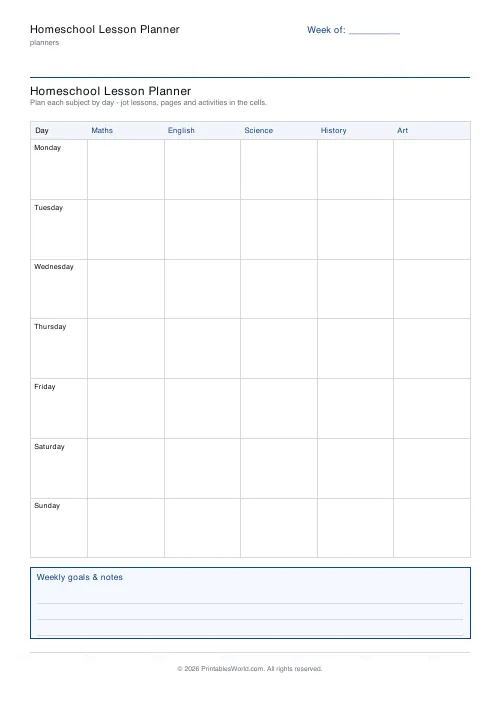 Free printable homeschool lesson planner — 7 days — PDF download