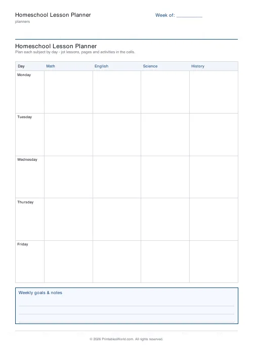 Free printable homeschool lesson planner — Core subjects — PDF download