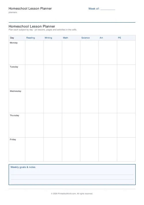 Free printable homeschool lesson planner — Six subjects — PDF download
