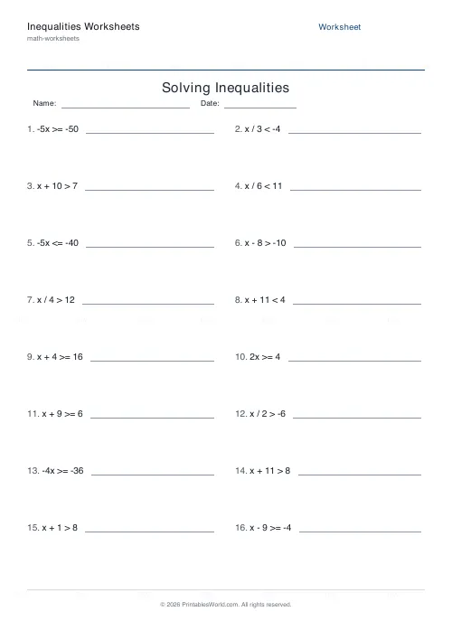 Free printable inequalities worksheets — PDF download