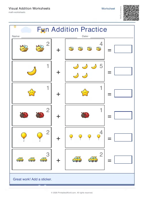 Free printable picture addition worksheet for kindergarten with count-and-add picture sums, set 3