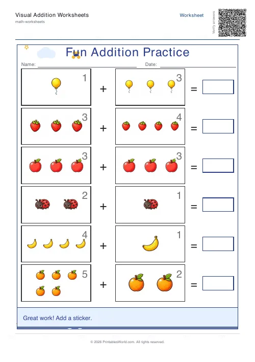 Free printable picture addition worksheet for kindergarten with count-and-add picture sums, set 5
