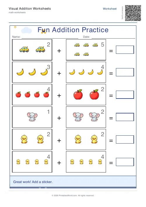 Free printable picture addition worksheet for kindergarten with count-and-add picture sums, set 6