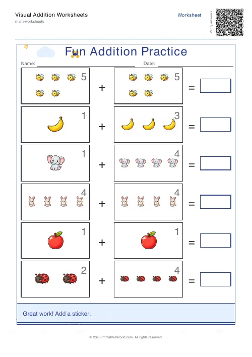 Free printable picture addition worksheet for kindergarten with count-and-add picture sums, set 7
