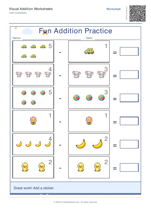 Free printable picture subtraction worksheet for kindergarten with count-and-take-away pictures, set 2