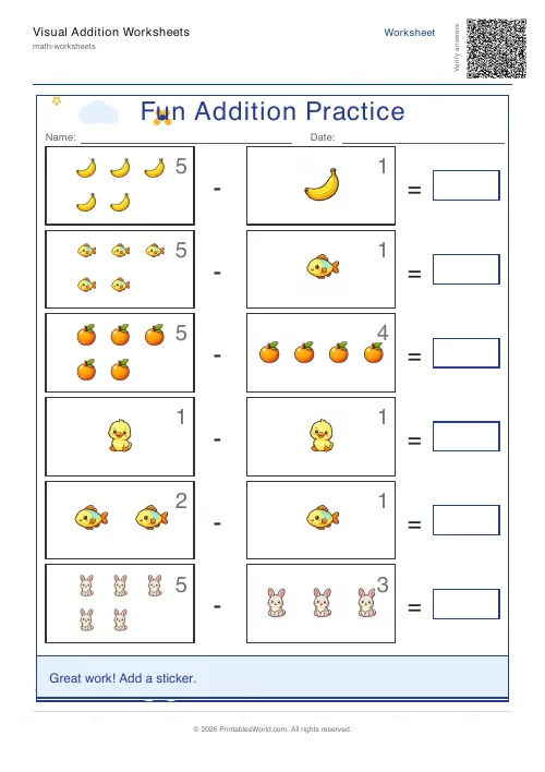 Free printable picture subtraction worksheet for kindergarten with count-and-take-away pictures, set 3