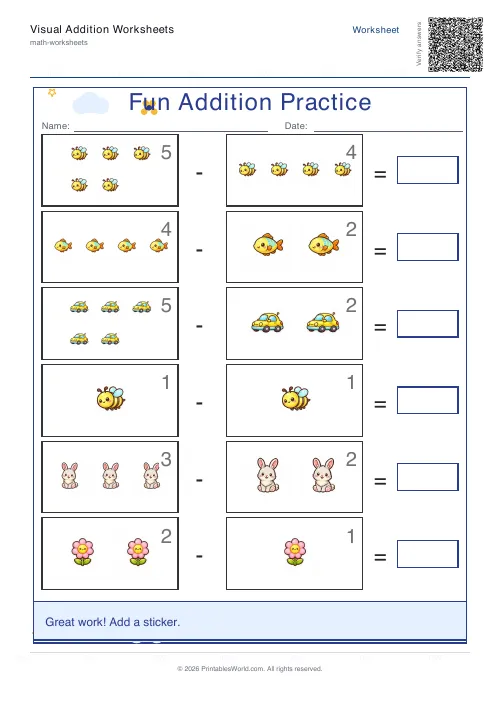Free printable picture subtraction worksheet for kindergarten with count-and-take-away pictures, set 4