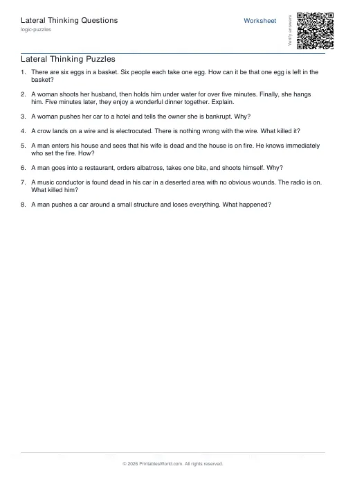 Free printable lateral thinking puzzle — with answer key — PDF download